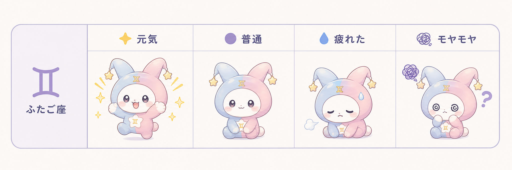 元気、普通、疲れた、モヤモヤを表すこころねキャラクターの表情差分
