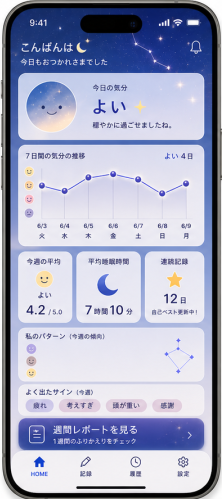 「こころね」のホーム画面